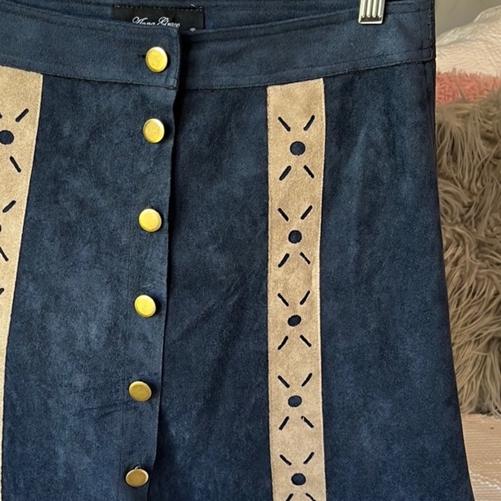Western Faux Suede A Line Skirt Navy Blue Cowboy Anna Grace Womens Small Mini - Picture 5 of 9